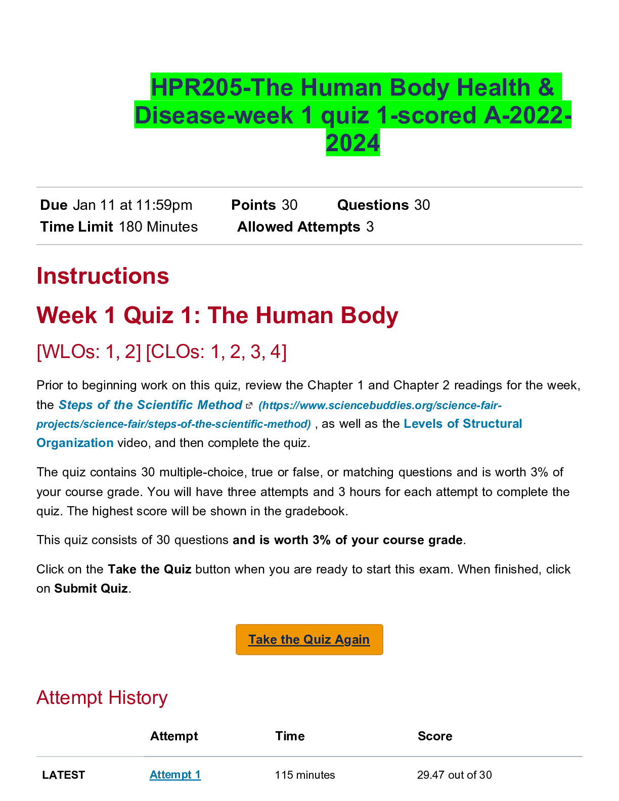 Recommended document preview for HPR205-The Human Body Health & Disease-week 1 quiz 1-scored A-2022-2024